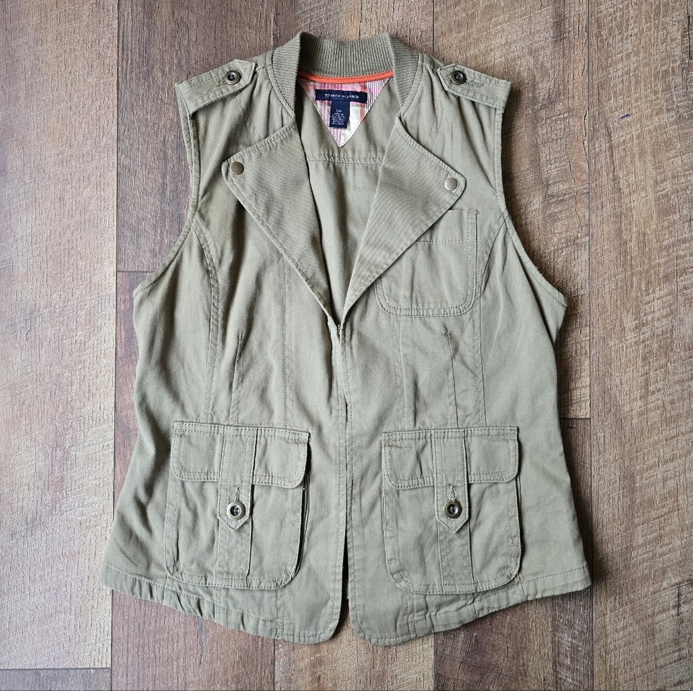 Tommy Hilfiger Army Green Utility Vest With Pockets Size Small